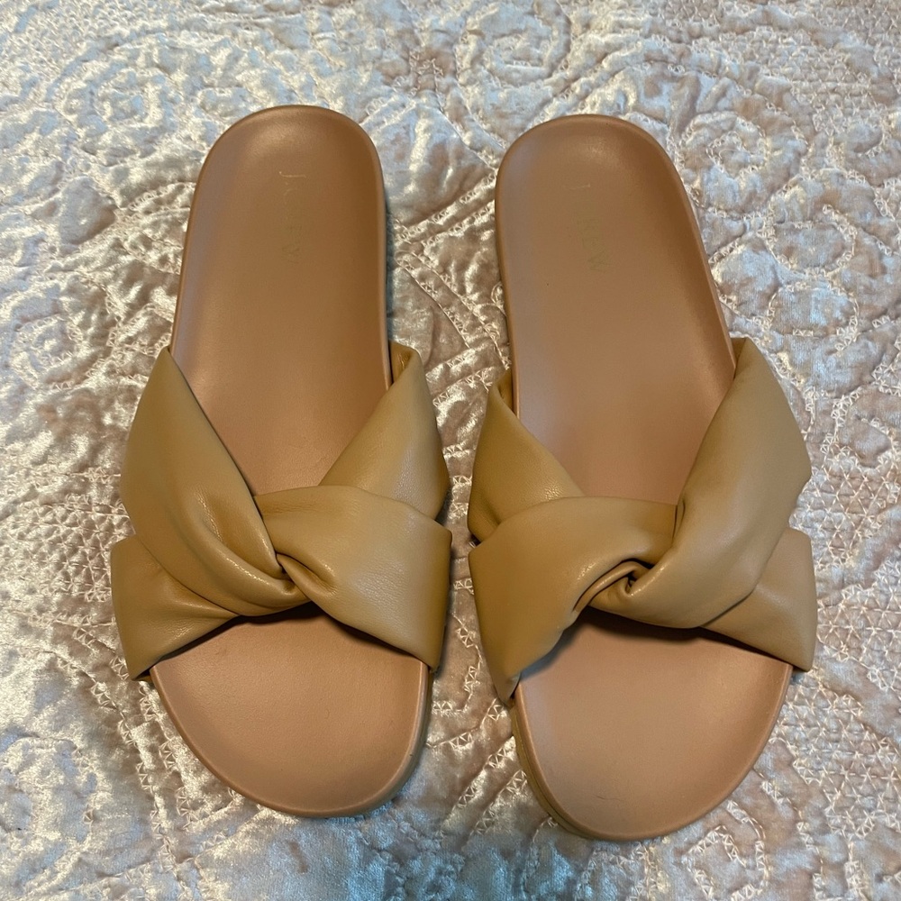 J. Crew Tan Leather Slide Sandals with Knotted Design